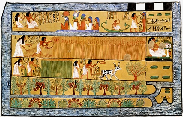 在代尔麦地那(Deir el-Medina, 19王朝)，埃及建筑工人Sennedjem的坟墓中有一幅保存完好的画作，描绘了谷物的种植和耕种，但首先是一个果园和花坛，位于运河环绕的田野上。树和花交替种植，很有规律，证明了花园的精心规划。