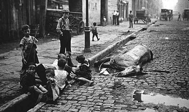 这张照片摄于1900年的纽约，孩子们在一具马尸体旁的排水沟里玩耍。水槽和鹅卵石路面被一个收集通道隔开，如图所示，在孩子们的脚边，收集和输送污垢、碎片、雨水和其他丢弃的废物，取代了历史上的城市卫生系统。图片来源:短暂的纽约