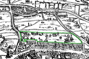 1572年由拉尔夫·阿加斯(Ralph Agas)设计的科文特花园，周围的墙壁用绿色标记(图片来自维基百科)